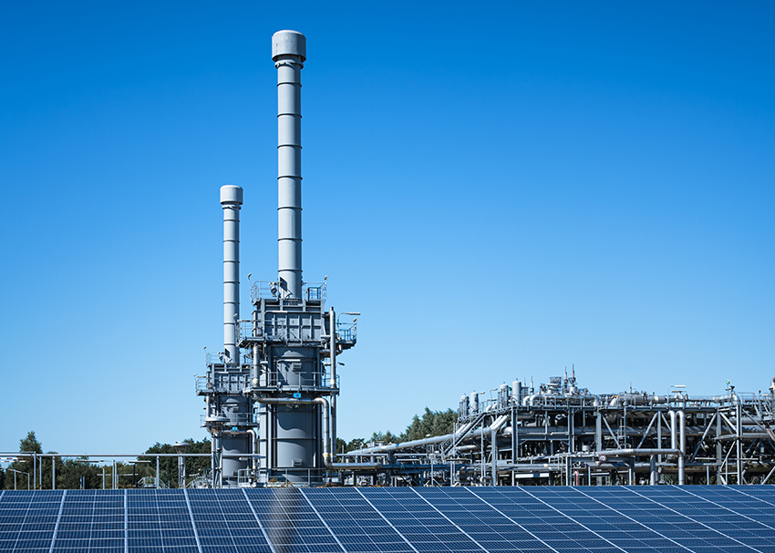 Solar panels at the gas storage site. Energy transition concept.